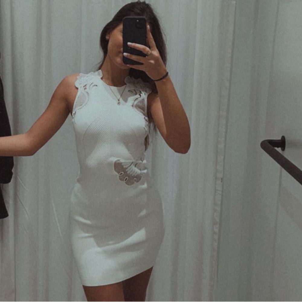 Self-Portrait white ribbed knit mini dress with lace details